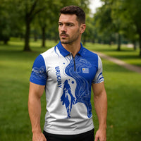Uruguay Zipper Polo Shirt with Gaucho Rider Illustration Blue White Swirl - Wonder Print Shop