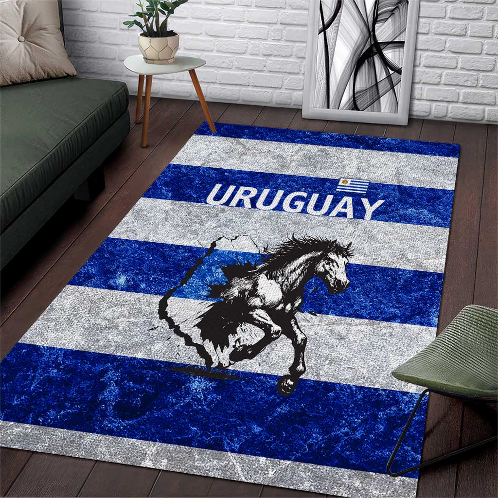 Uruguay Area Rug with Wild Horse Illustration Blue Gray Striped - Wonder Print Shop