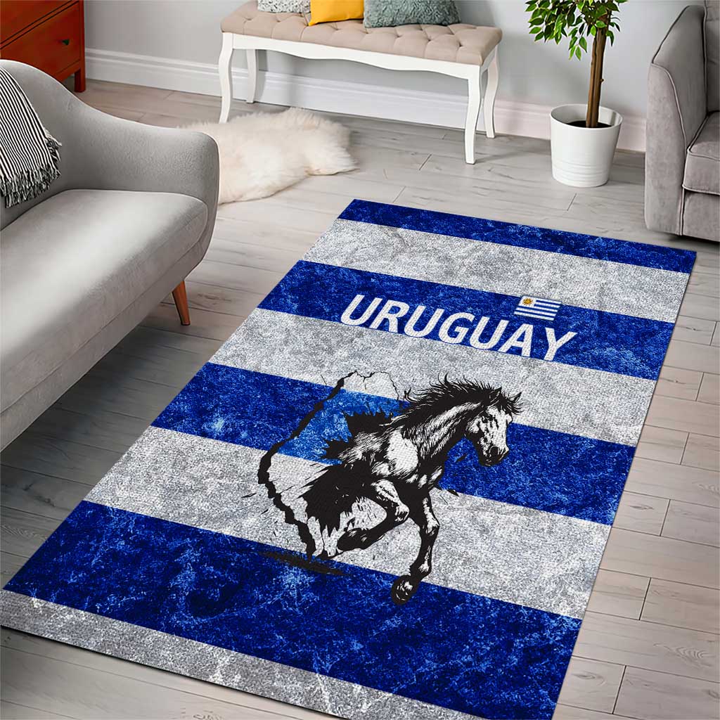 Uruguay Area Rug with Wild Horse Illustration Blue Gray Striped - Wonder Print Shop