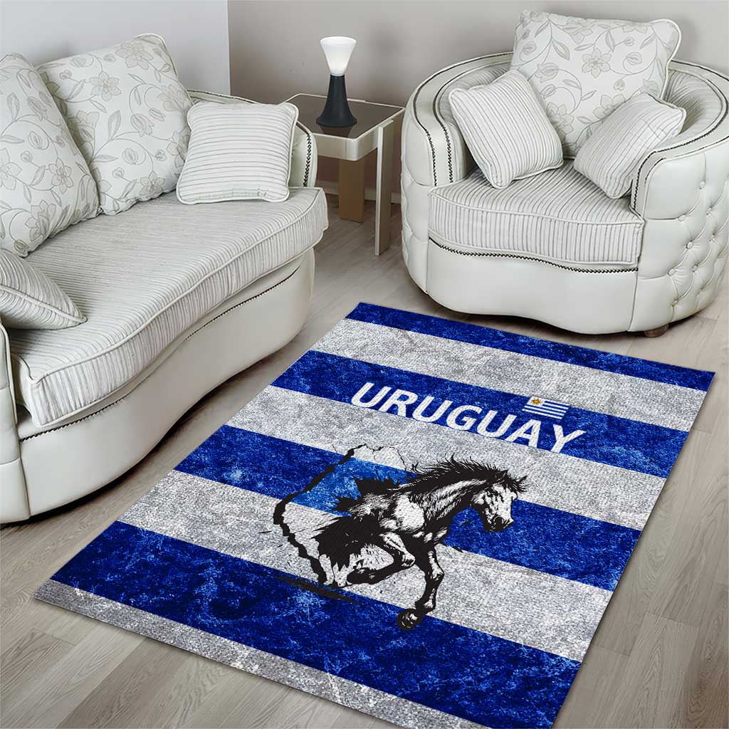 Uruguay Area Rug with Wild Horse Illustration Blue Gray Striped - Wonder Print Shop