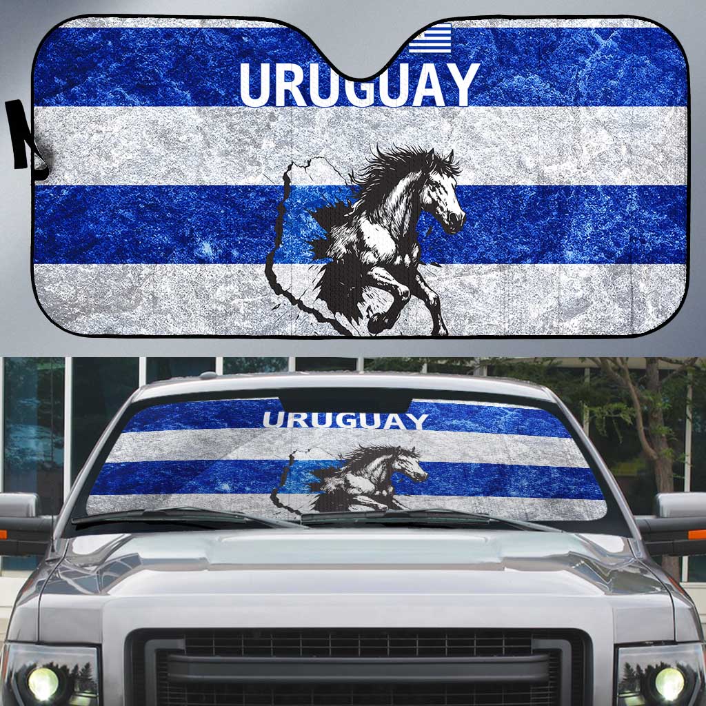 Uruguay Auto Sun Shade with Wild Horse Illustration Blue Gray Striped - Wonder Print Shop
