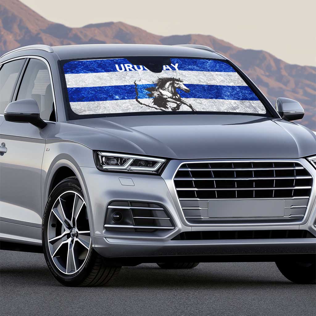 Uruguay Auto Sun Shade with Wild Horse Illustration Blue Gray Striped - Wonder Print Shop