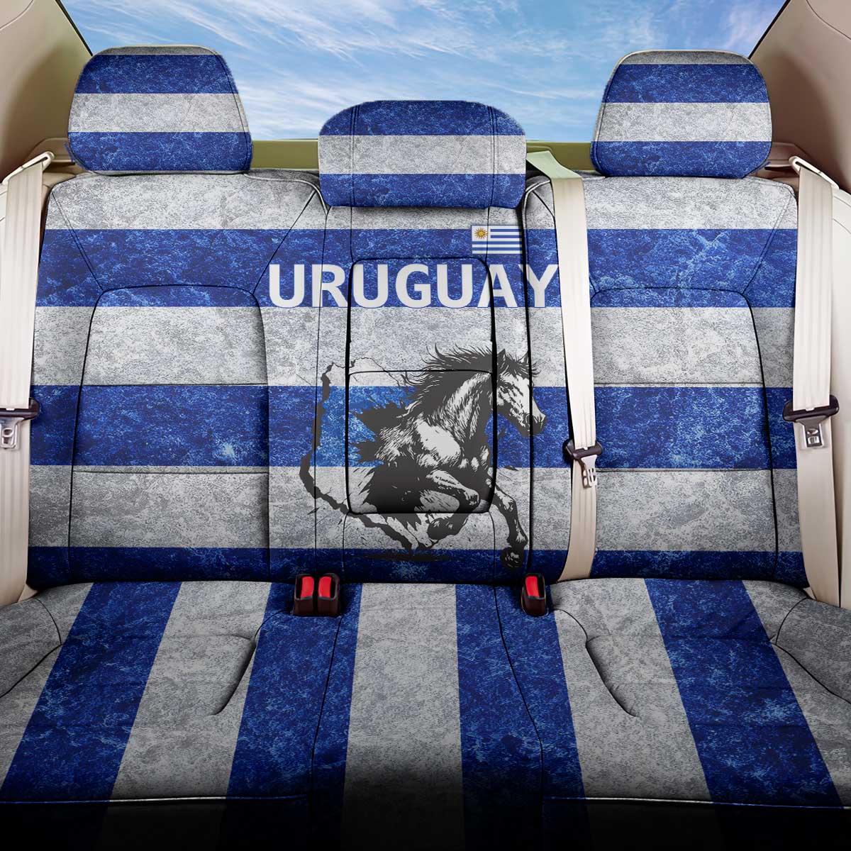 Uruguay Back Car Seat Cover with Wild Horse Illustration Blue Gray Striped - Wonder Print Shop