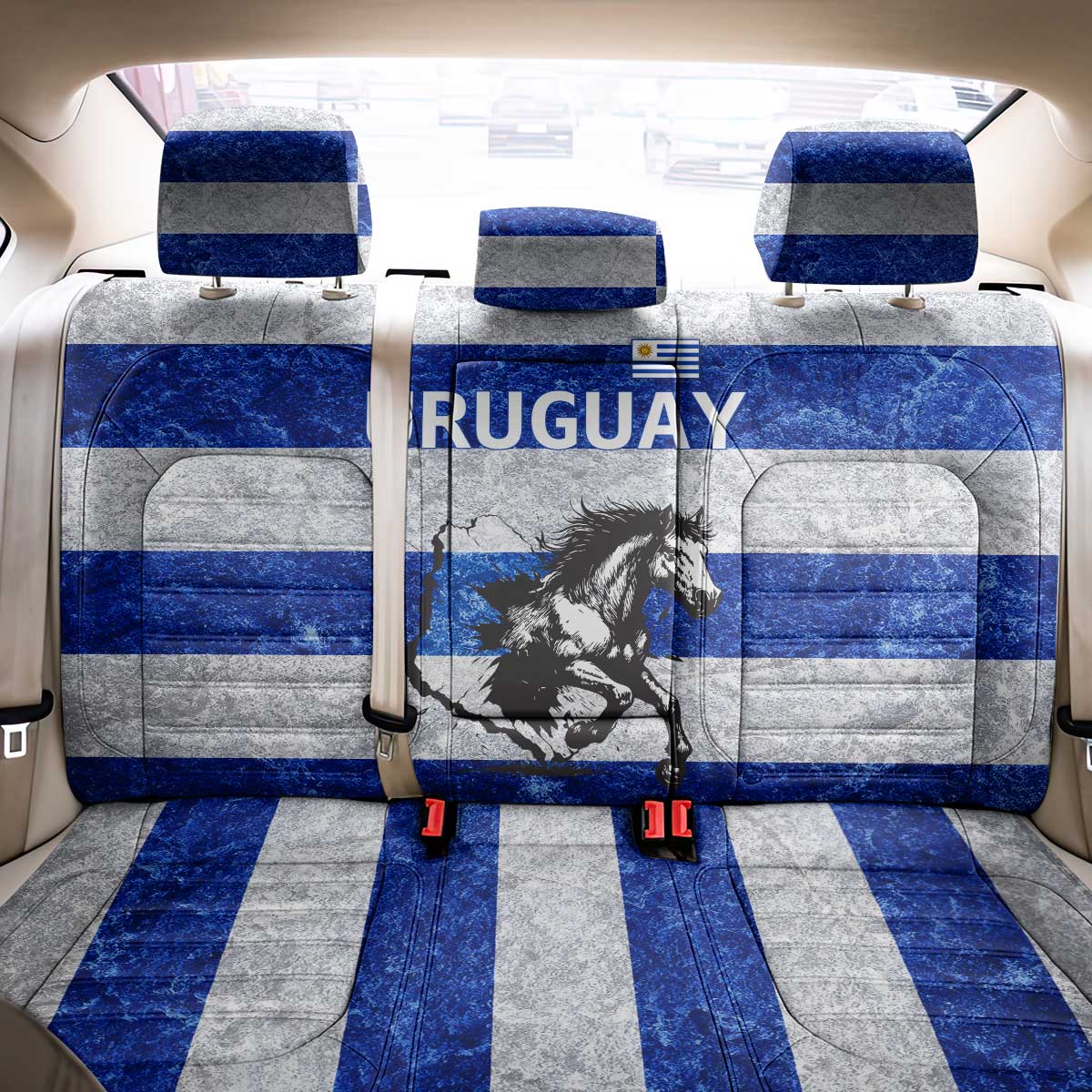 Uruguay Back Car Seat Cover with Wild Horse Illustration Blue Gray Striped - Wonder Print Shop