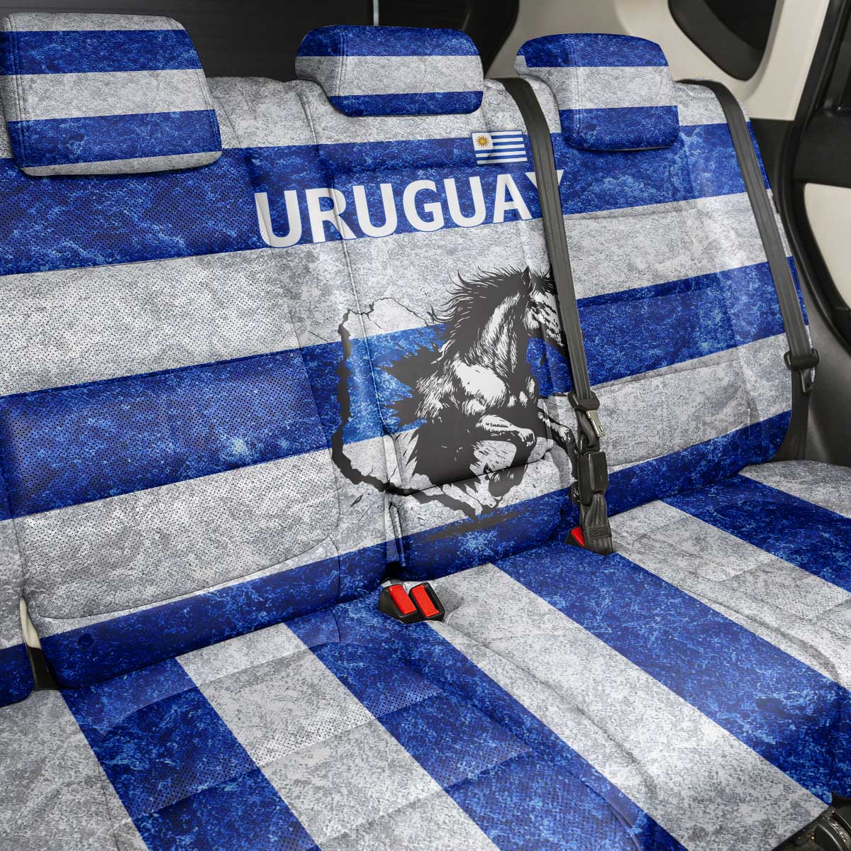Uruguay Back Car Seat Cover with Wild Horse Illustration Blue Gray Striped - Wonder Print Shop