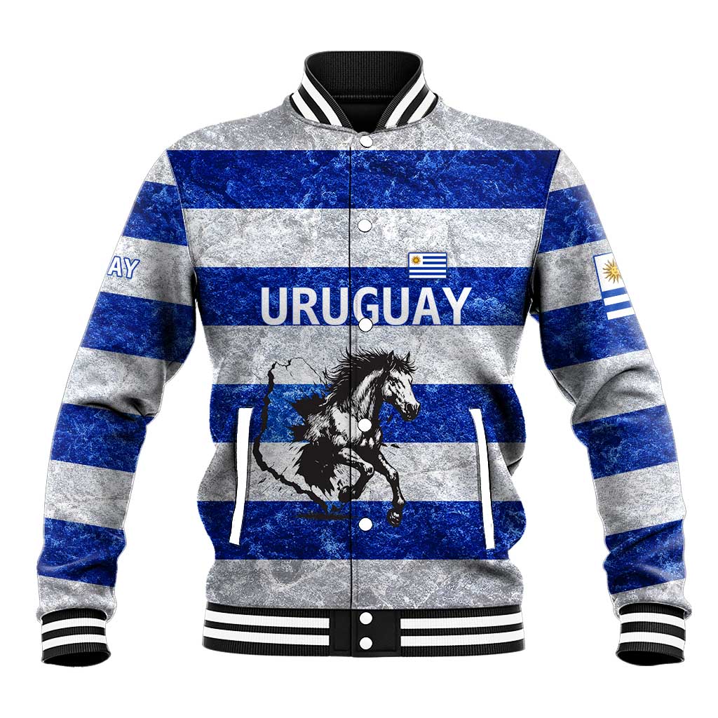 Uruguay Baseball Jacket with Wild Horse Illustration Blue Gray Striped - Wonder Print Shop