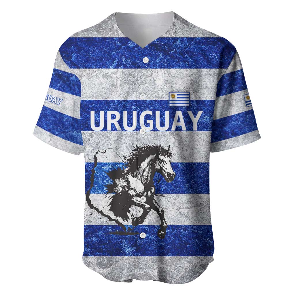 Uruguay Baseball Jersey with Wild Horse Illustration Blue Gray Striped - Wonder Print Shop