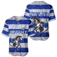 Uruguay Baseball Jersey with Wild Horse Illustration Blue Gray Striped - Wonder Print Shop