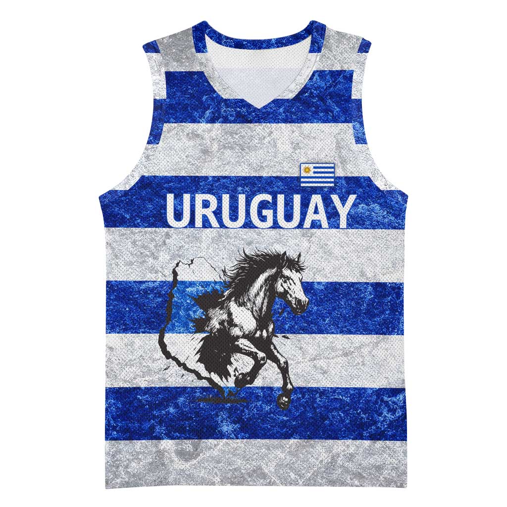 Uruguay Basketball Jersey with Wild Horse Illustration Blue Gray Striped - Wonder Print Shop