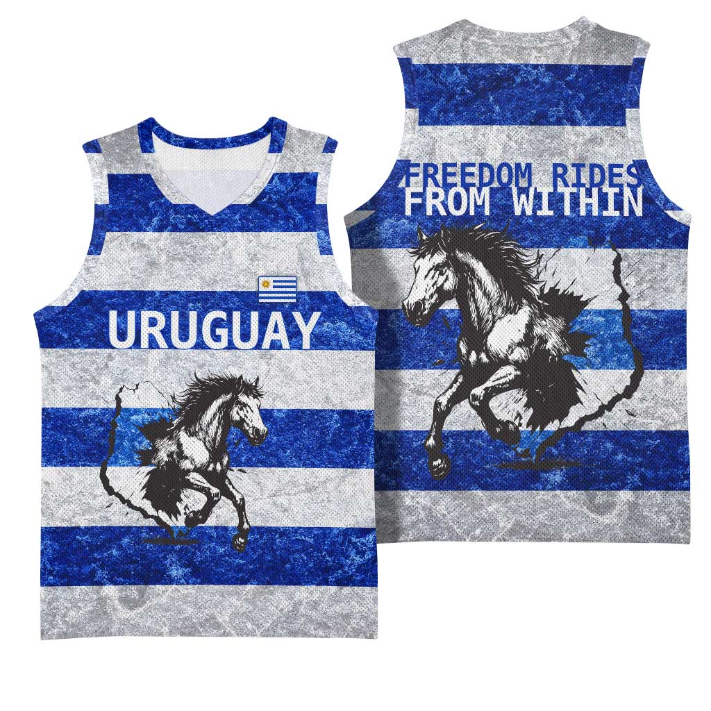 Uruguay Basketball Jersey with Wild Horse Illustration Blue Gray Striped - Wonder Print Shop