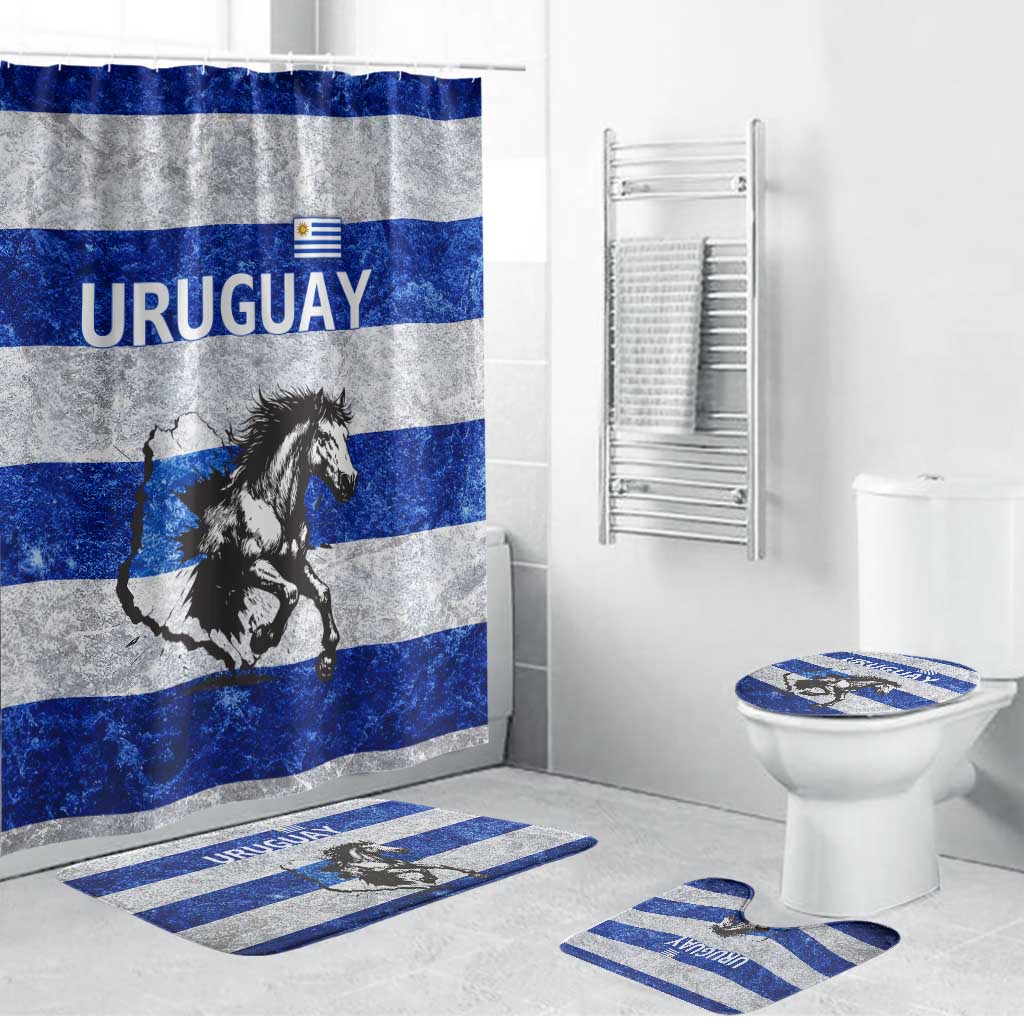Uruguay Bathroom Set with Wild Horse Illustration Blue Gray Striped - Wonder Print Shop