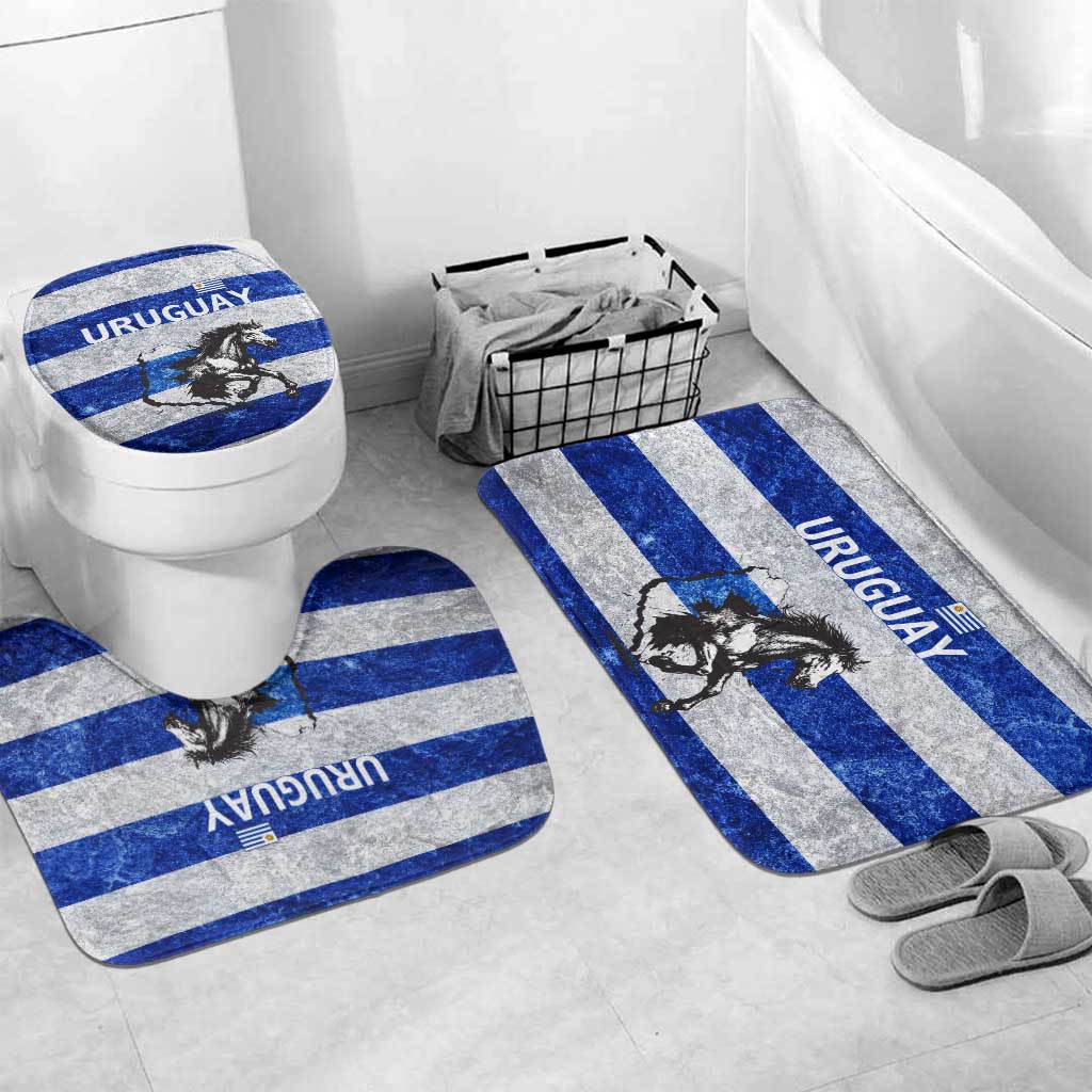 Uruguay Bathroom Set with Wild Horse Illustration Blue Gray Striped - Wonder Print Shop