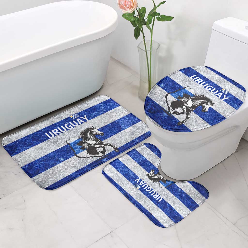 Uruguay Bathroom Set with Wild Horse Illustration Blue Gray Striped - Wonder Print Shop
