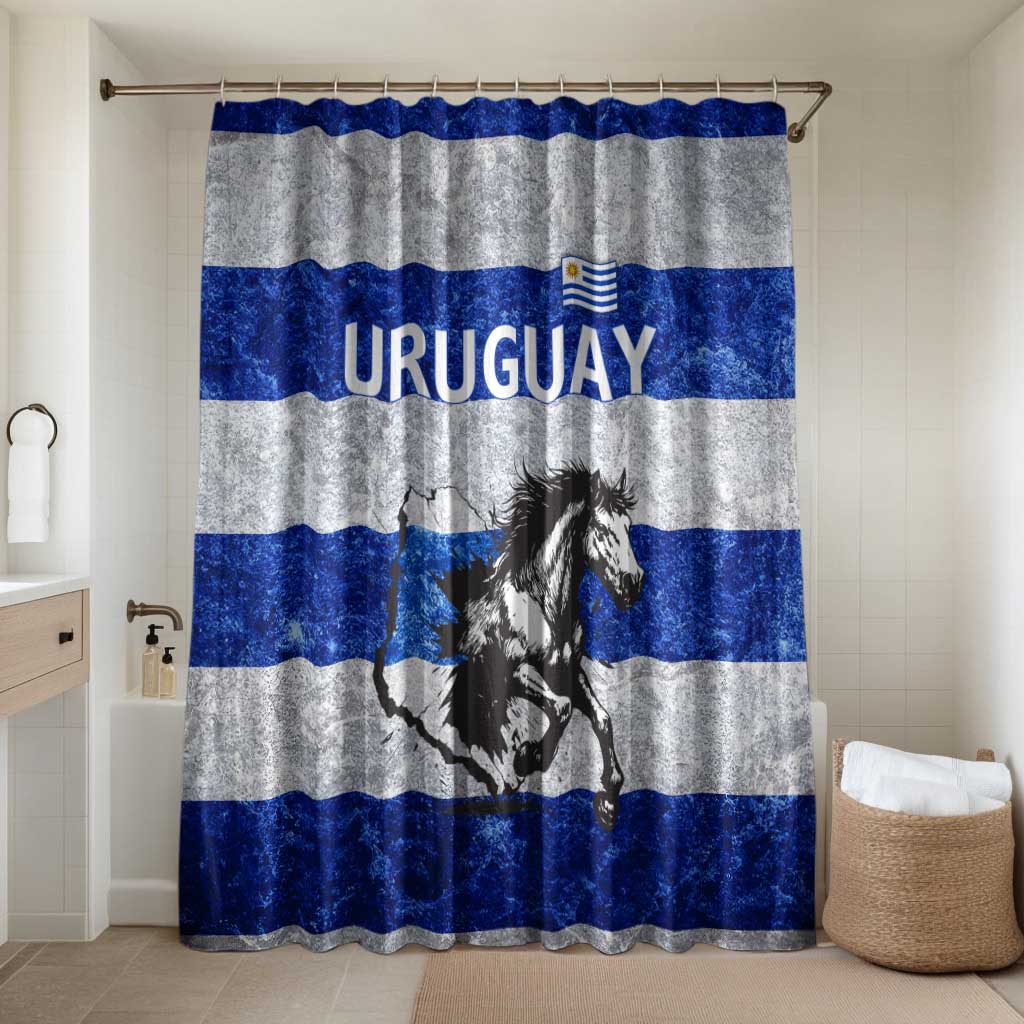 Uruguay Bathroom Set with Wild Horse Illustration Blue Gray Striped - Wonder Print Shop