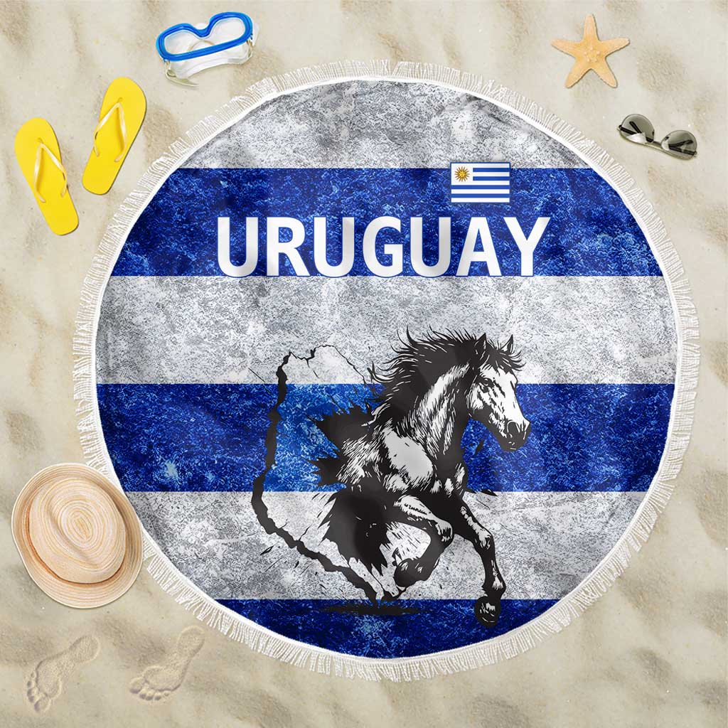 Uruguay Beach Blanket with Wild Horse Illustration Blue Gray Striped - Wonder Print Shop
