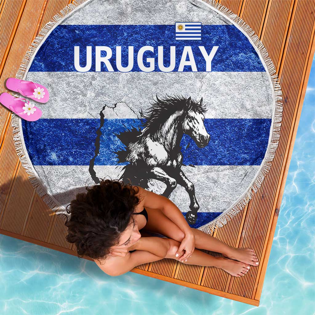 Uruguay Beach Blanket with Wild Horse Illustration Blue Gray Striped - Wonder Print Shop