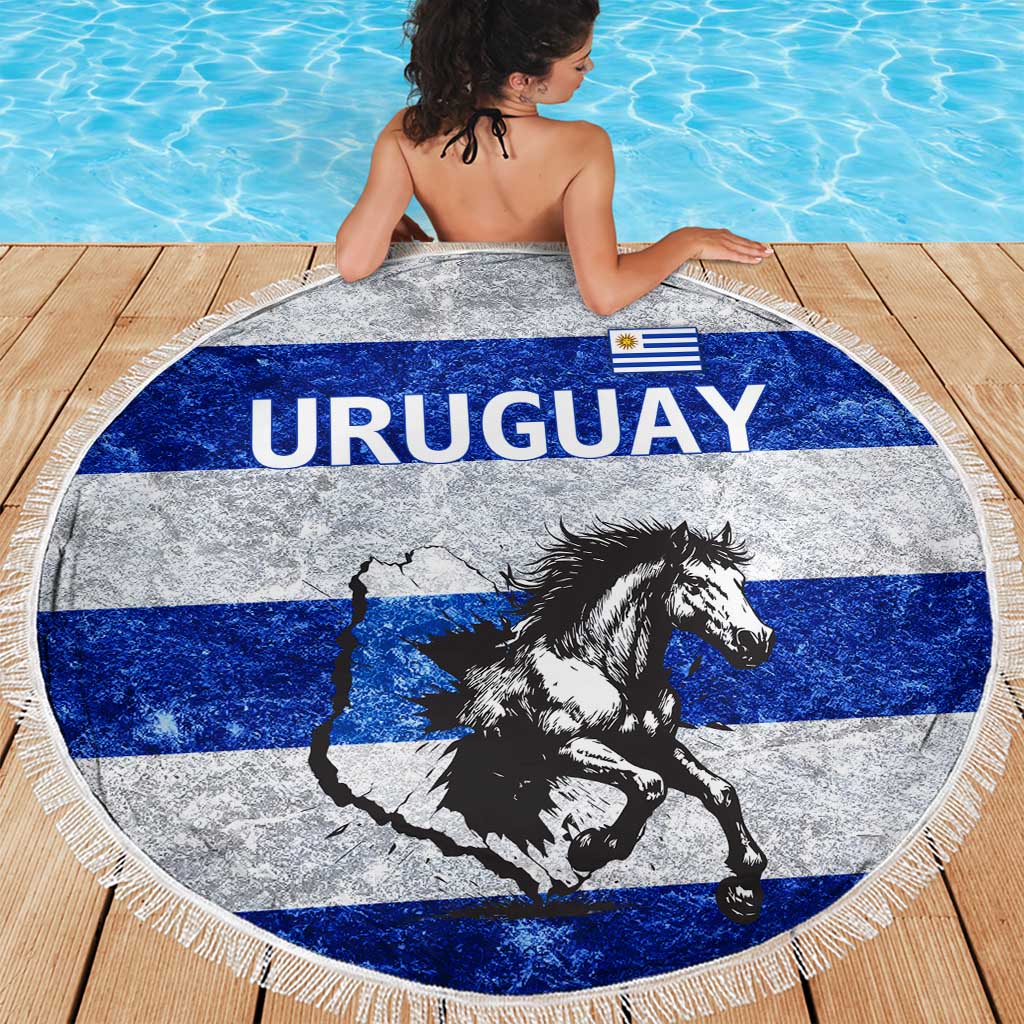Uruguay Beach Blanket with Wild Horse Illustration Blue Gray Striped - Wonder Print Shop