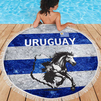 Uruguay Beach Blanket with Wild Horse Illustration Blue Gray Striped - Wonder Print Shop