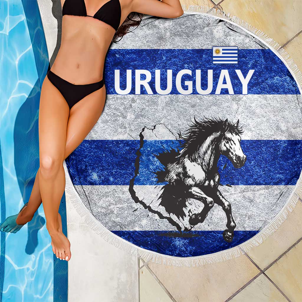 Uruguay Beach Blanket with Wild Horse Illustration Blue Gray Striped - Wonder Print Shop