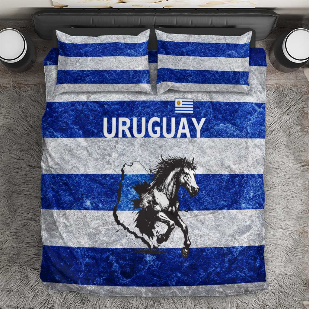 Uruguay Bedding Set with Wild Horse Illustration Blue Gray Striped - Wonder Print Shop