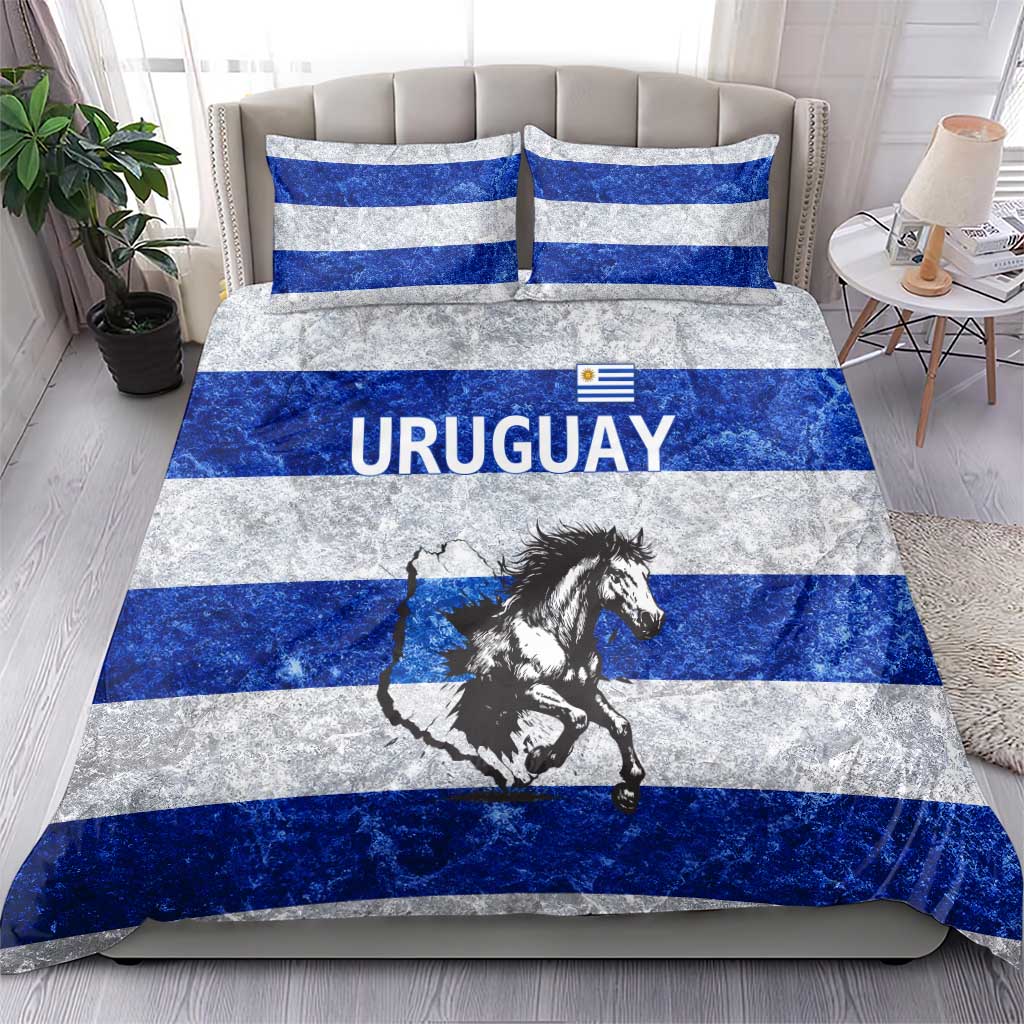 Uruguay Bedding Set with Wild Horse Illustration Blue Gray Striped - Wonder Print Shop
