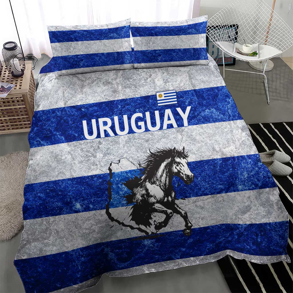 Uruguay Bedding Set with Wild Horse Illustration Blue Gray Striped - Wonder Print Shop