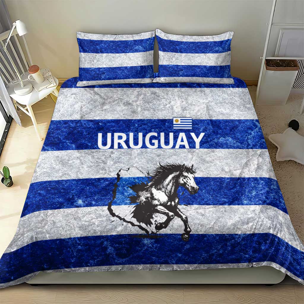 Uruguay Bedding Set with Wild Horse Illustration Blue Gray Striped - Wonder Print Shop