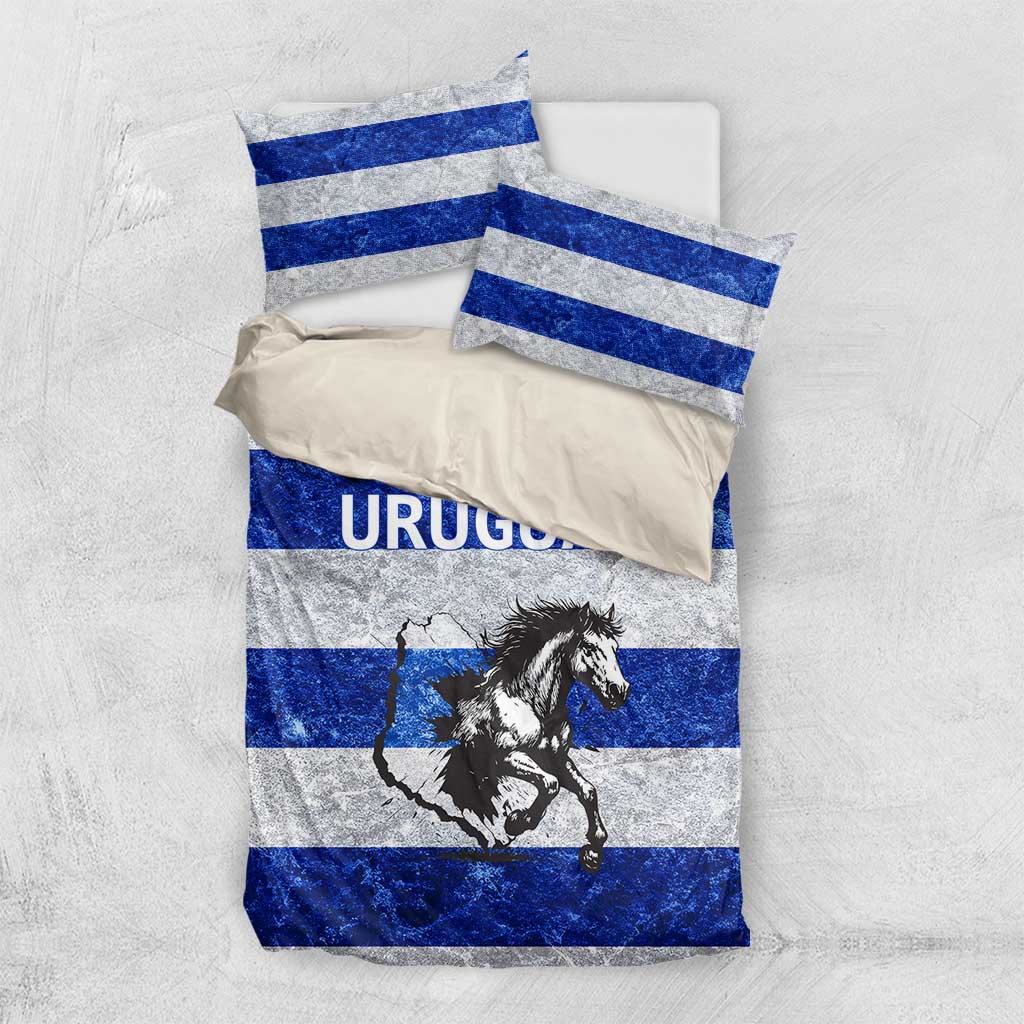 Uruguay Bedding Set with Wild Horse Illustration Blue Gray Striped - Wonder Print Shop