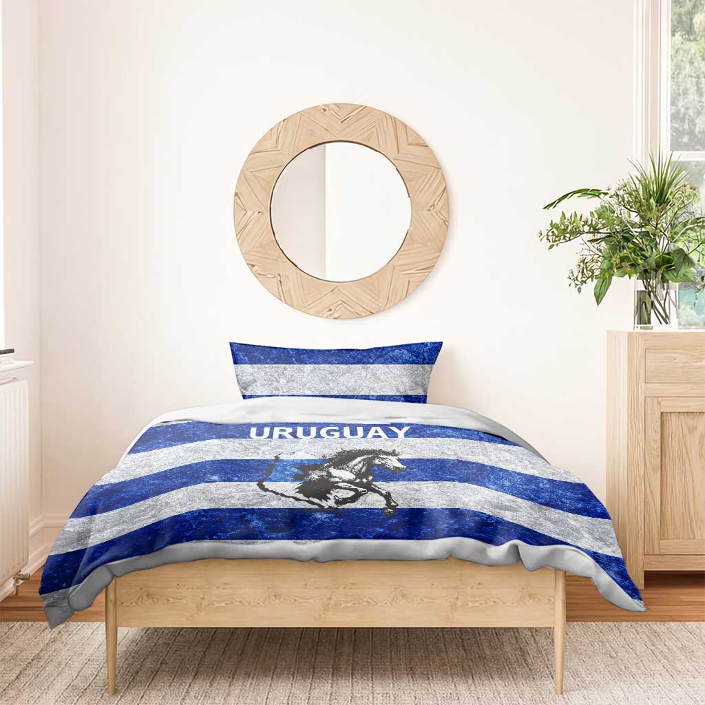 Uruguay Bedding Set with Wild Horse Illustration Blue Gray Striped - Wonder Print Shop