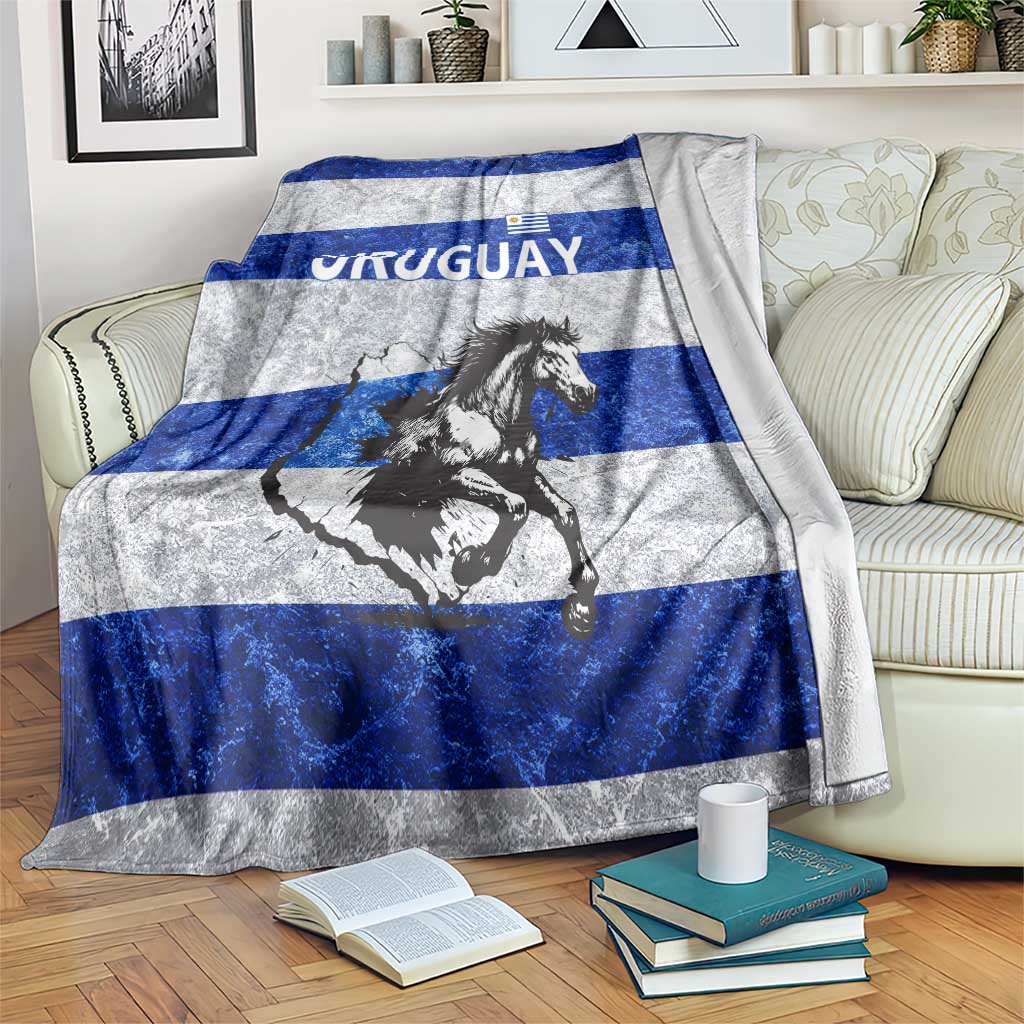 Uruguay Blanket with Wild Horse Illustration Blue Gray Striped - Wonder Print Shop