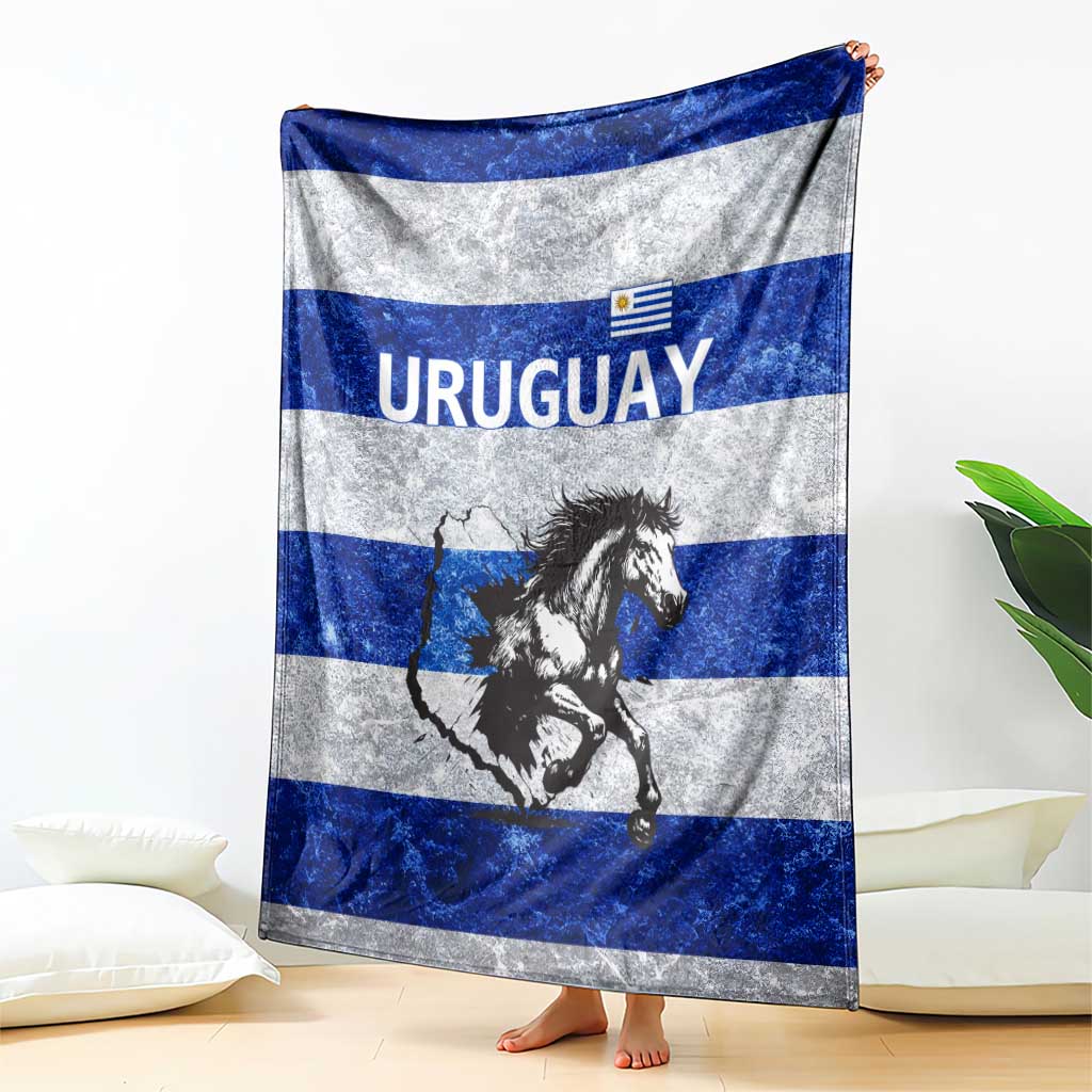 Uruguay Blanket with Wild Horse Illustration Blue Gray Striped - Wonder Print Shop