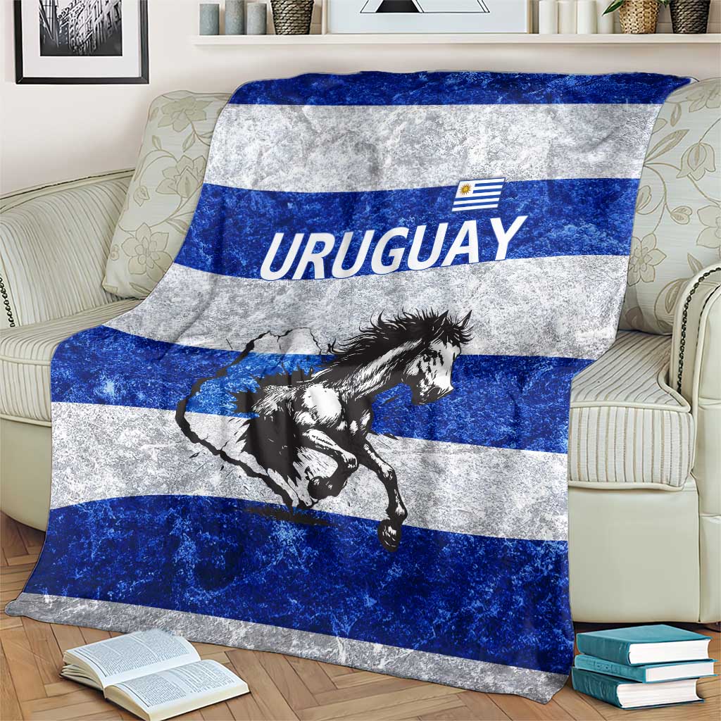 Uruguay Blanket with Wild Horse Illustration Blue Gray Striped - Wonder Print Shop