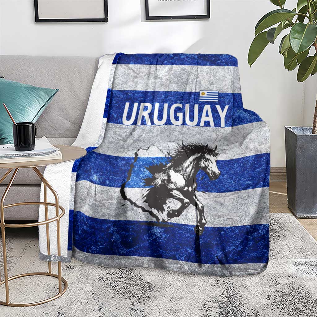 Uruguay Blanket with Wild Horse Illustration Blue Gray Striped - Wonder Print Shop