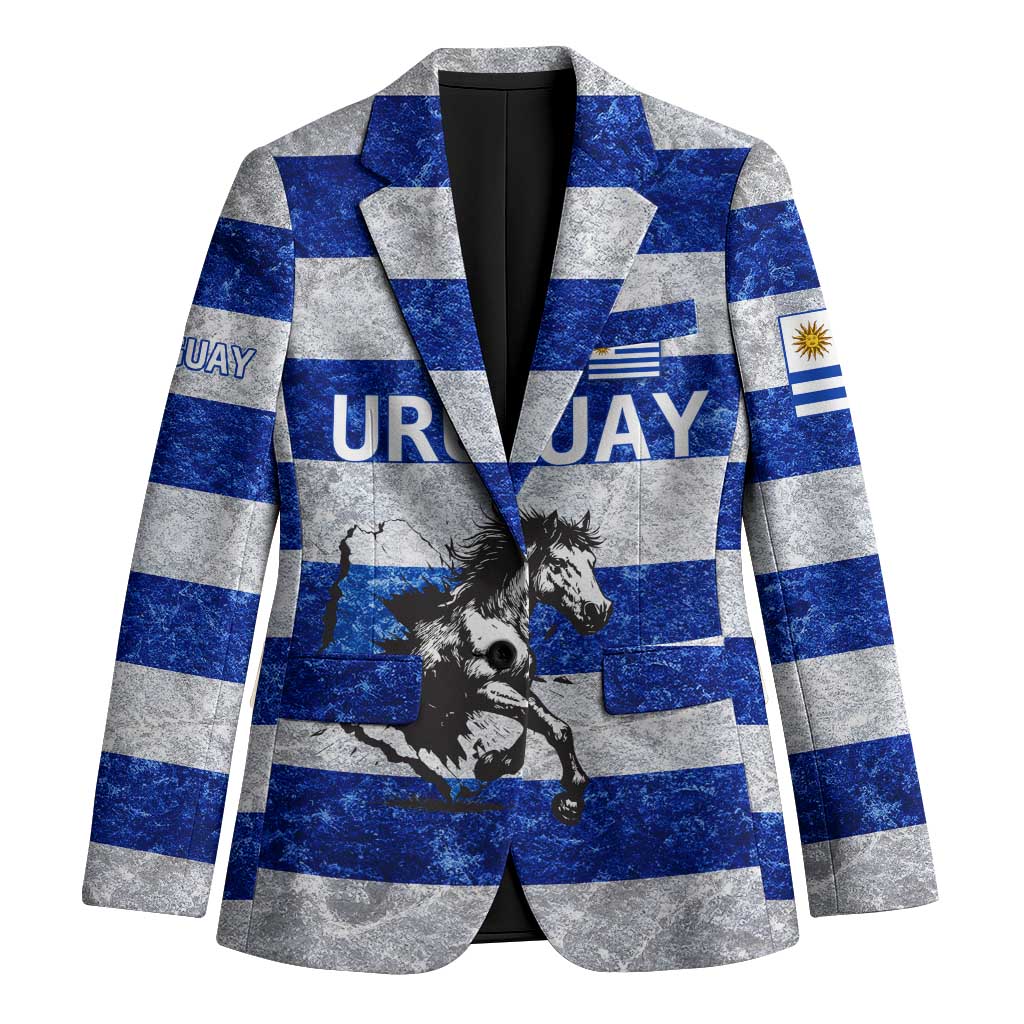 Uruguay Blazer with Wild Horse Illustration Blue Gray Striped - Wonder Print Shop