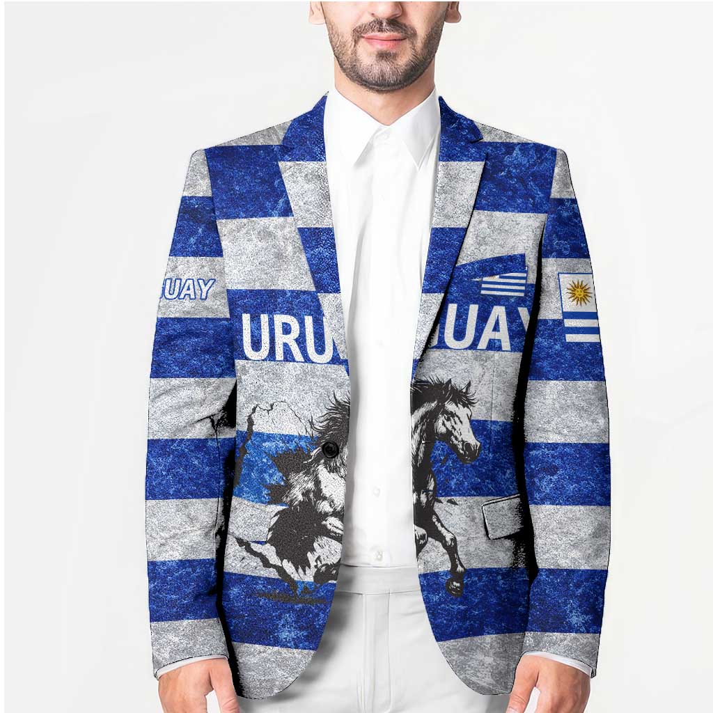 Uruguay Blazer with Wild Horse Illustration Blue Gray Striped - Wonder Print Shop