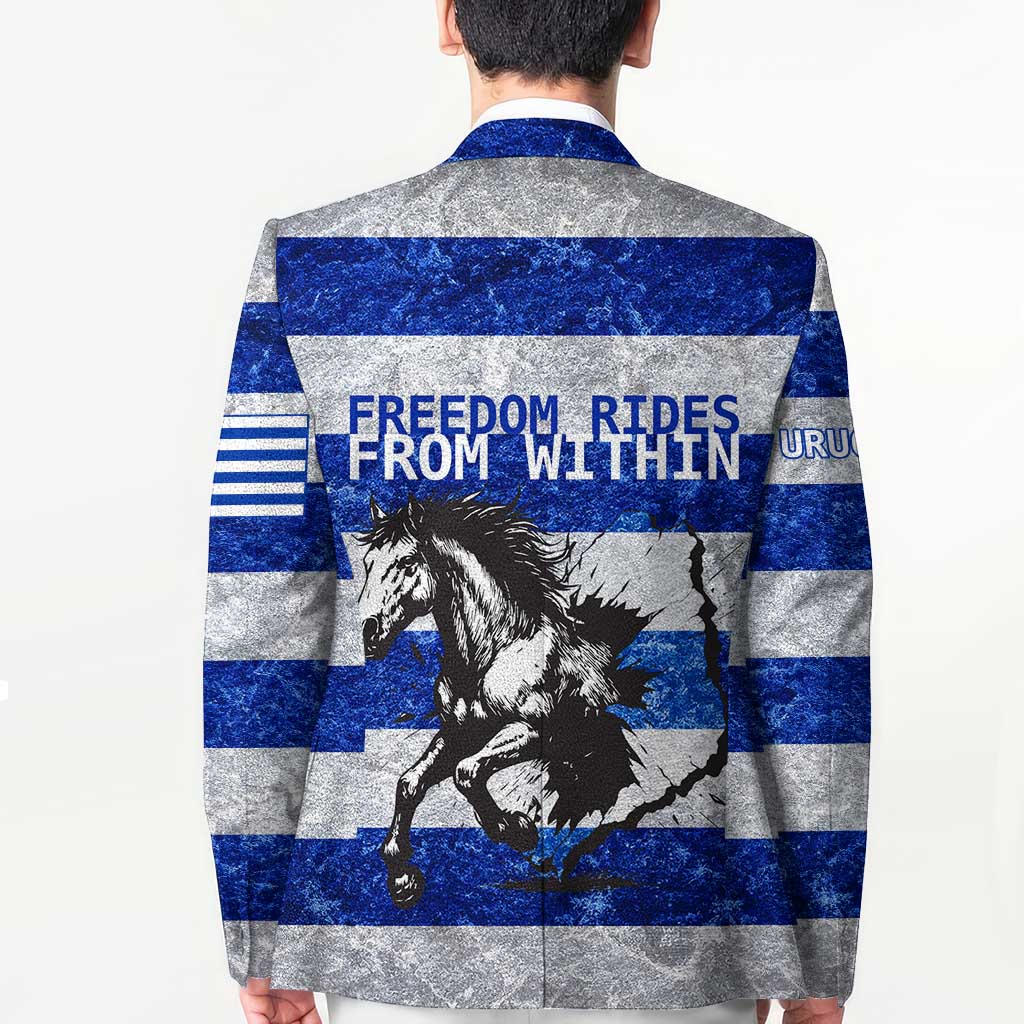 Uruguay Blazer with Wild Horse Illustration Blue Gray Striped - Wonder Print Shop