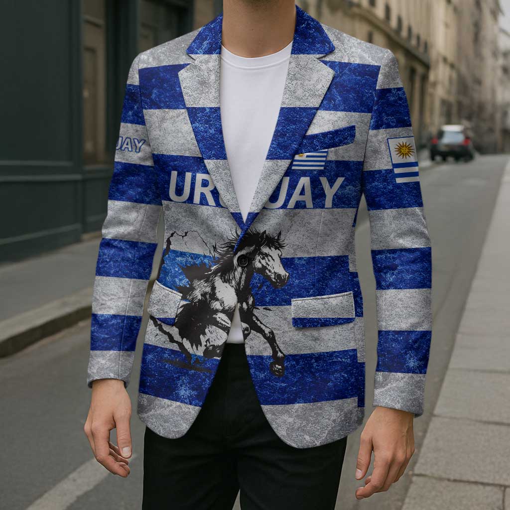 Uruguay Blazer with Wild Horse Illustration Blue Gray Striped - Wonder Print Shop