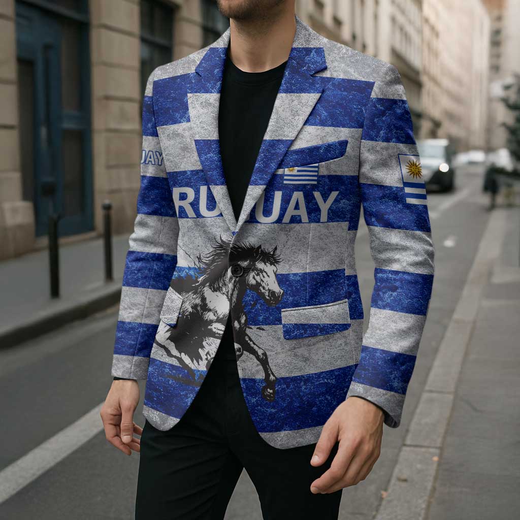 Uruguay Blazer with Wild Horse Illustration Blue Gray Striped - Wonder Print Shop