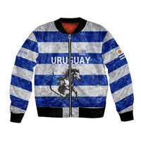 Uruguay Bomber Jacket with Wild Horse Illustration Blue Gray Striped - Wonder Print Shop