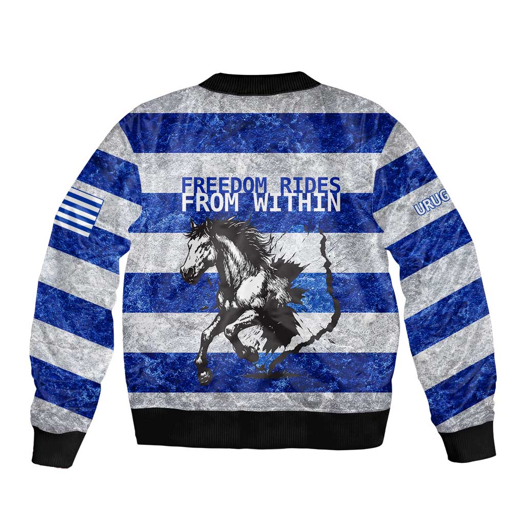 Uruguay Bomber Jacket with Wild Horse Illustration Blue Gray Striped - Wonder Print Shop