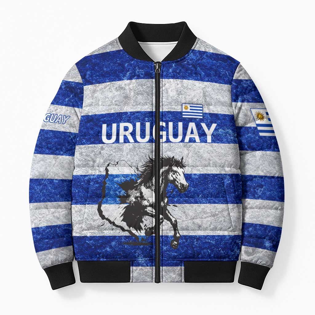 Uruguay Bomber Puffer Jacket with Wild Horse Illustration Blue Gray Striped - Wonder Print Shop