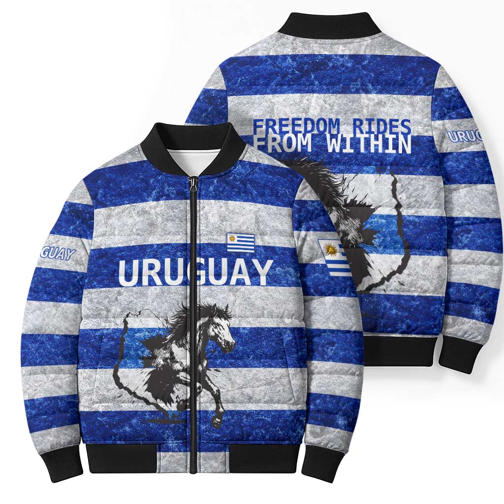 Uruguay Bomber Puffer Jacket with Wild Horse Illustration Blue Gray Striped - Wonder Print Shop