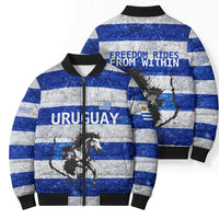 Uruguay Bomber Puffer Jacket with Wild Horse Illustration Blue Gray Striped - Wonder Print Shop