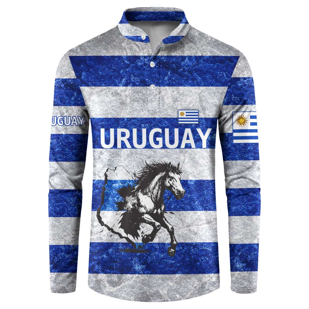 Uruguay Button Sweatshirt with Wild Horse Illustration Blue Gray Striped - Wonder Print Shop