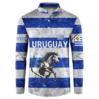 Uruguay Button Sweatshirt with Wild Horse Illustration Blue Gray Striped - Wonder Print Shop