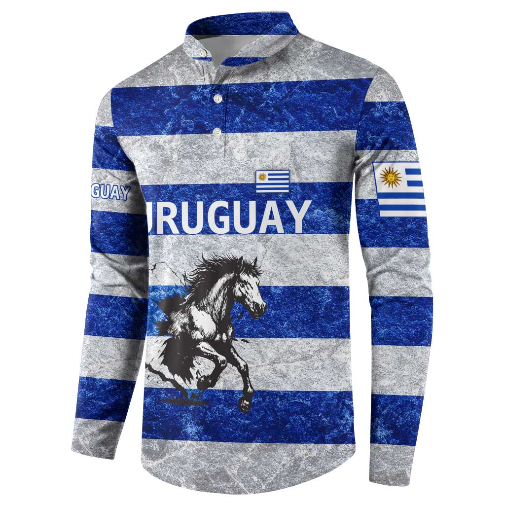 Uruguay Button Sweatshirt with Wild Horse Illustration Blue Gray Striped - Wonder Print Shop