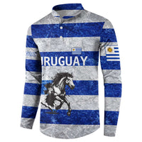 Uruguay Button Sweatshirt with Wild Horse Illustration Blue Gray Striped - Wonder Print Shop