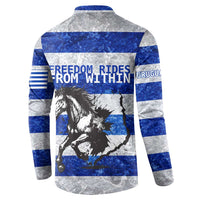 Uruguay Button Sweatshirt with Wild Horse Illustration Blue Gray Striped - Wonder Print Shop