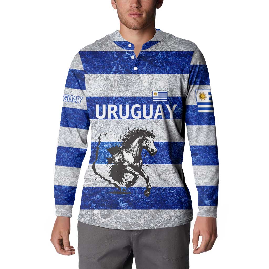 Uruguay Button Sweatshirt with Wild Horse Illustration Blue Gray Striped - Wonder Print Shop