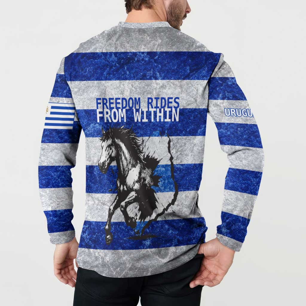 Uruguay Button Sweatshirt with Wild Horse Illustration Blue Gray Striped - Wonder Print Shop